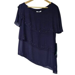 Coldwater Creek Purple Tiered Chiffon Boatneck Blouse Sz‎ 14 Beaded Asymmetrical